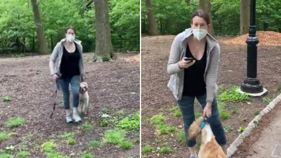 Two photos show Amy Cooper holding her dog by the collar as she calls the police claiming a black man is threatening her. 