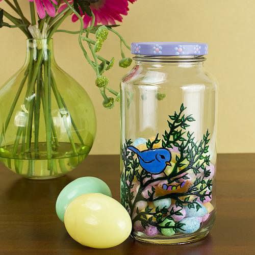 earth day crafts upcycled candy jar with bird and tree design