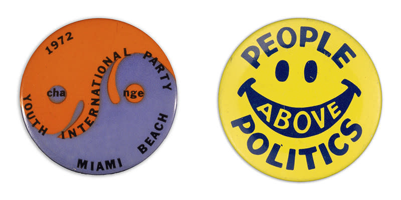 A button resembling a ying-yang symbol reads "youth international party, 1972, Miami beach" beside a smiley face button with the words "people above politics"