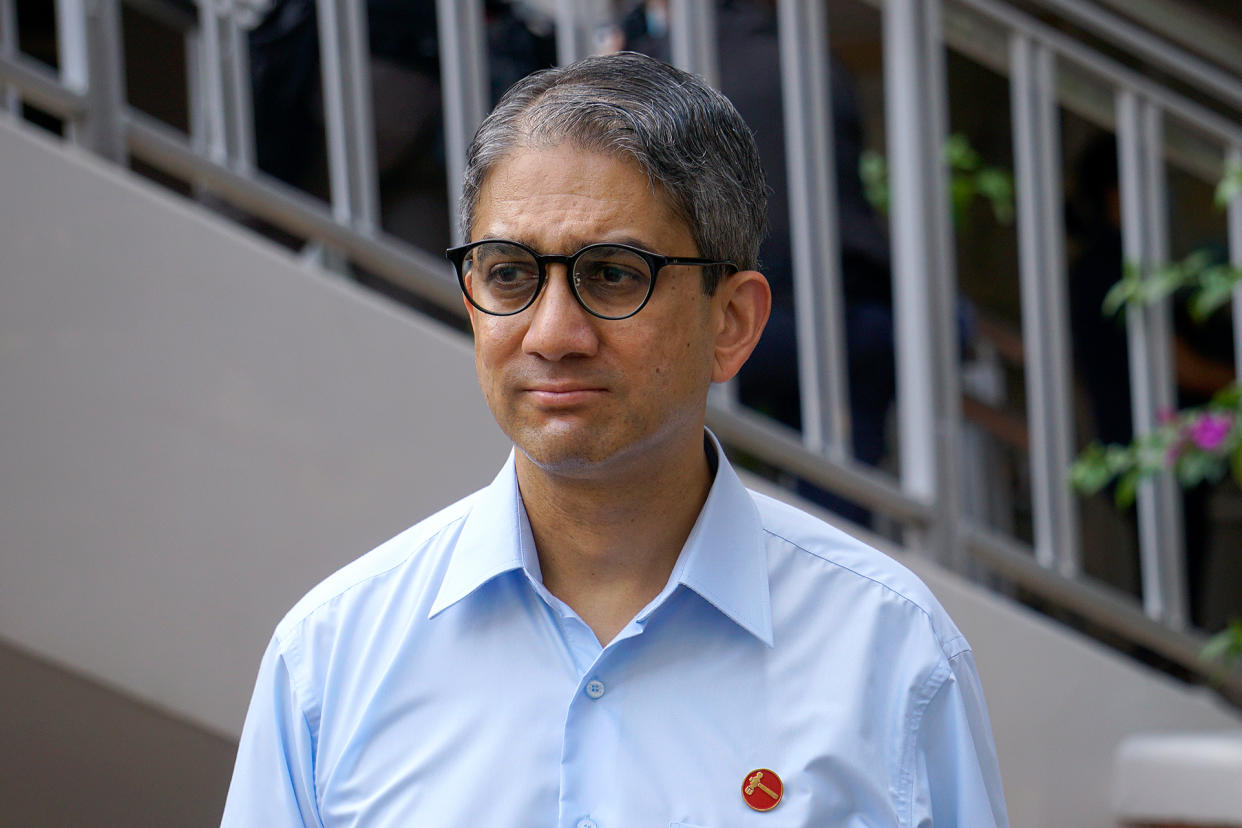 Leon Perera, one of WP’s candidates for Aljunied GRC, seen during a media doorstop at Deyi Secondary School on Nomination Day (30 June). (PHOTO: Dhany Osman / Yahoo News Singapore)