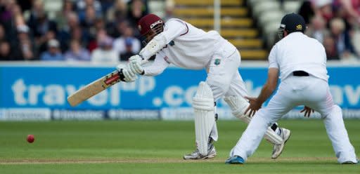 West Indies Denesh Ramdin (L) bats during the third day of the third Test match between England and West Indies at Edgbaston in Birmingham, central England. West Indies, after losing the toss, were 280 for eight at stumps