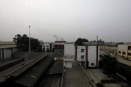 Smoke emitted from factory chimneys is seen behind Silver Line Prestige School in Ghaziabad, on the outskirts of Delhi, India, November 1, 2018. REUTERS/Anushree Fadnavis