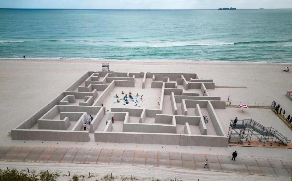 Aerial view of the large-scale installation “Maze: Journey Through the Algorithmic self” by Chilean artist Sebastian Errazuriz, on display on the sand behind the Faena Hotel in the Faena District in Miami Beach, as part of the Miami Art Week, from December 5th to 10th, on Thursday December 07, 2023.