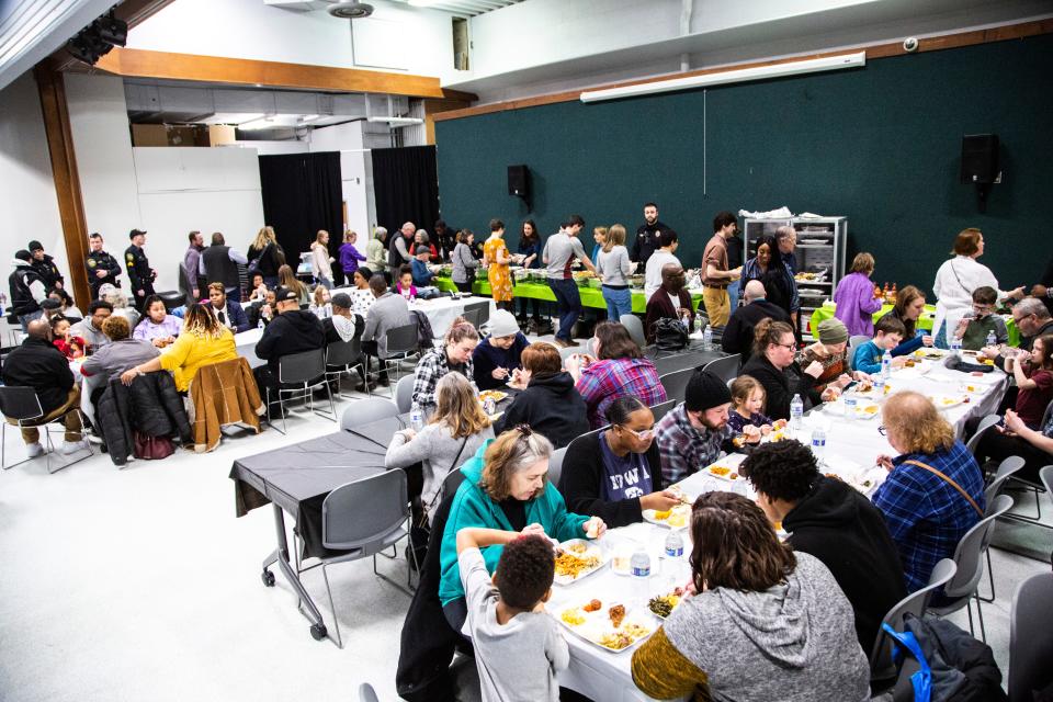 People lined up during the annual Soulfood Dinner at the Robert A. Lee Recreation Center in Iowa City in 2020.