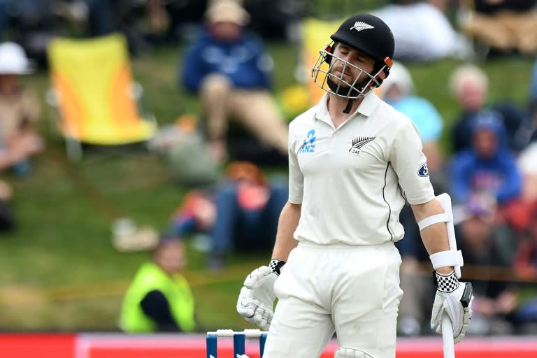 New Zealand's captain Kane Williamson reacts to being caught on day three of their first Test match against South Africa, at the University Oval in Dunedin, on March 10, 2017