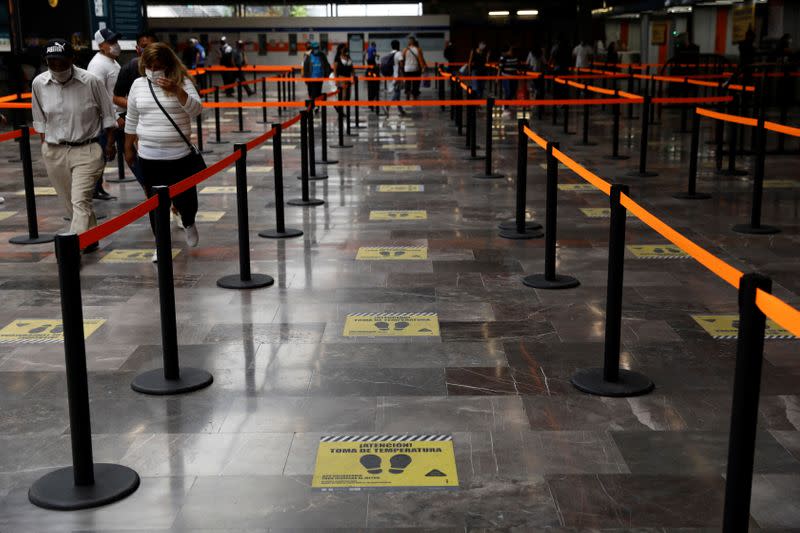 Social distance markers are seen on floor inside a metro, as the government plans to start easing restrictions amid the outbreak of the coronavirus disease (COVID-19) in Mexico City