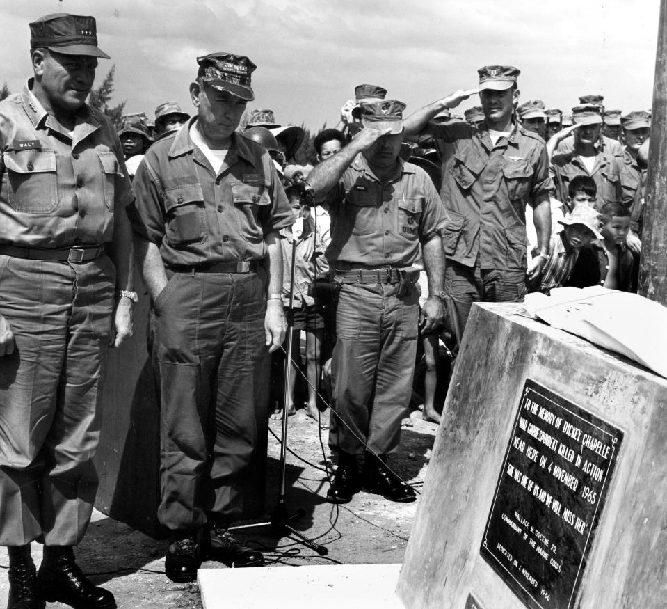 On the first anniversary of Dickey Chapelle's death, Marines unveiled a monument to the Shorewood native and famous photojournalist near the spot close to Chu Lai, Vietnam where she was killed by an exploding booby trap. The memorial reads: To the memory of Dickey Chapelle. War correspondent killed in action near here on 4 November 1965. She was one of us and we will miss her."