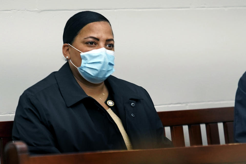 Suffolk County District Attorney Rachael Rollins looks on from the gallery as Khaled Awad is arraigned on charges in the stabbing of a rabbi near a Jewish day school, in Brighton District Court in Boston, Friday July 2, 2021. Rabbi Shlomo Noginski is in “stable condition and in good spirits" after being stabbed several times in the arm, Rabbi Dan Rodkin, executive director of Shaloh House, posted on Facebook. (Mary Schwalm/The Boston Herald via AP, Pool)