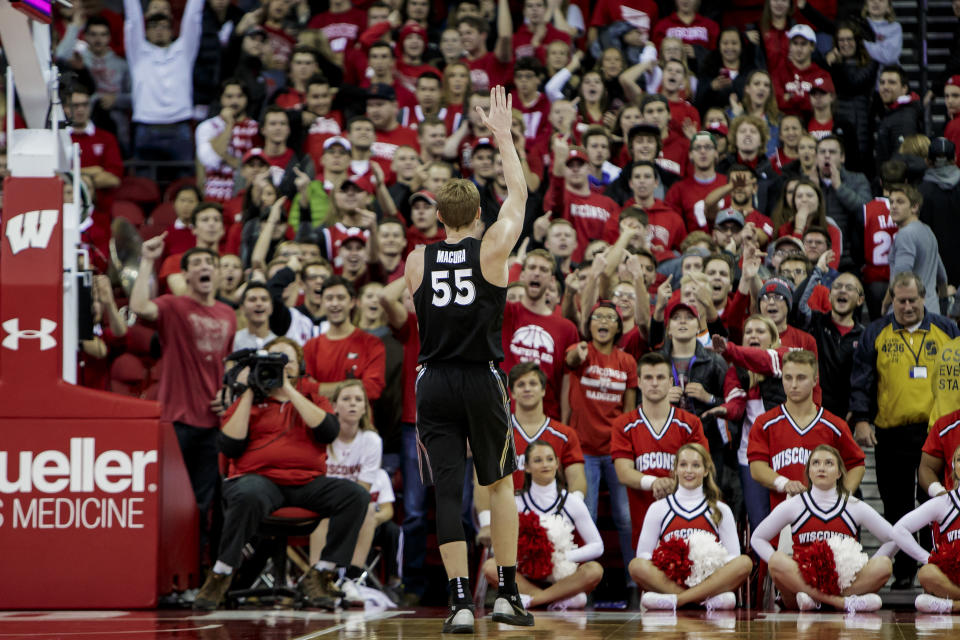 J.P. Macura taunts Wisconsin fans late in his team’s victory at the Kohl Center earlier this season. (Getty)