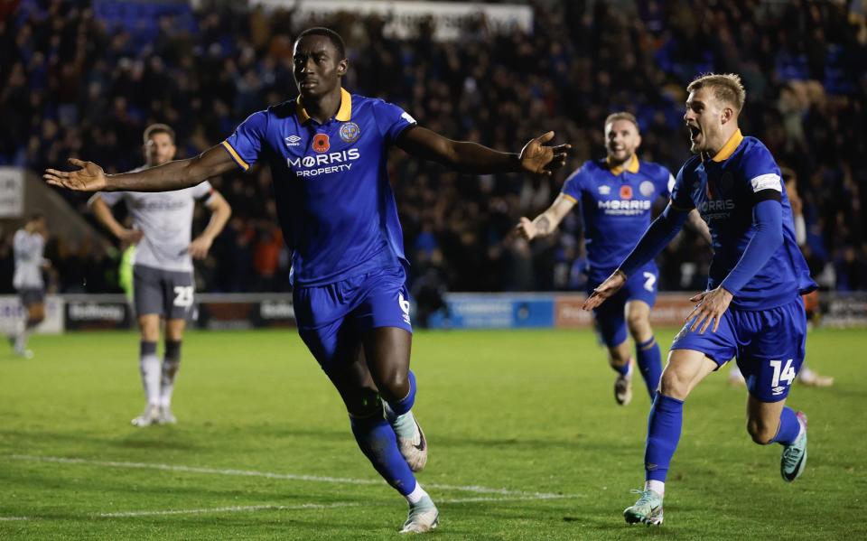 Jason Sraha scores for Shrewsbury against Reading