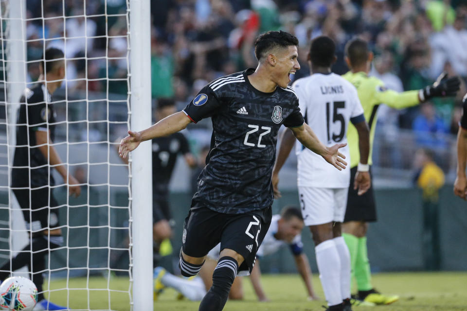 Mexico defender Jorge Sánchez (22) celebrates his goal against Cuba during the first half of a CONCACAF Gold Cup soccer match in Pasadena, Calif., Saturday, June 15, 2019. (AP Photo/Ringo H.W. Chiu)