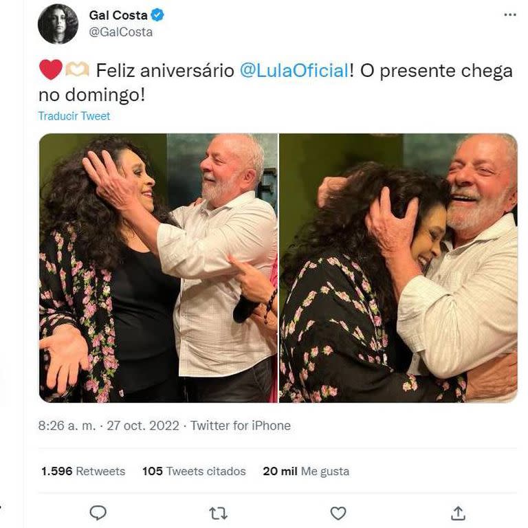 Uno de los tuits que le dedicó Gal Costa a Lula para el día del cumpleaños del exmandatario petista