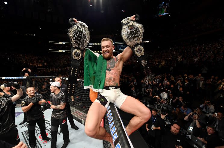 Conor McGregor of Ireland celebrates his KO victory over Eddie Alvarez of the United States in their lightweight championship bout during the UFC 205 event at Madison Square Garden on November 12, 2016 in New York City. (Photo by Jeff Bottari/Zuffa LLC/Zuffa LLC via Getty Images)