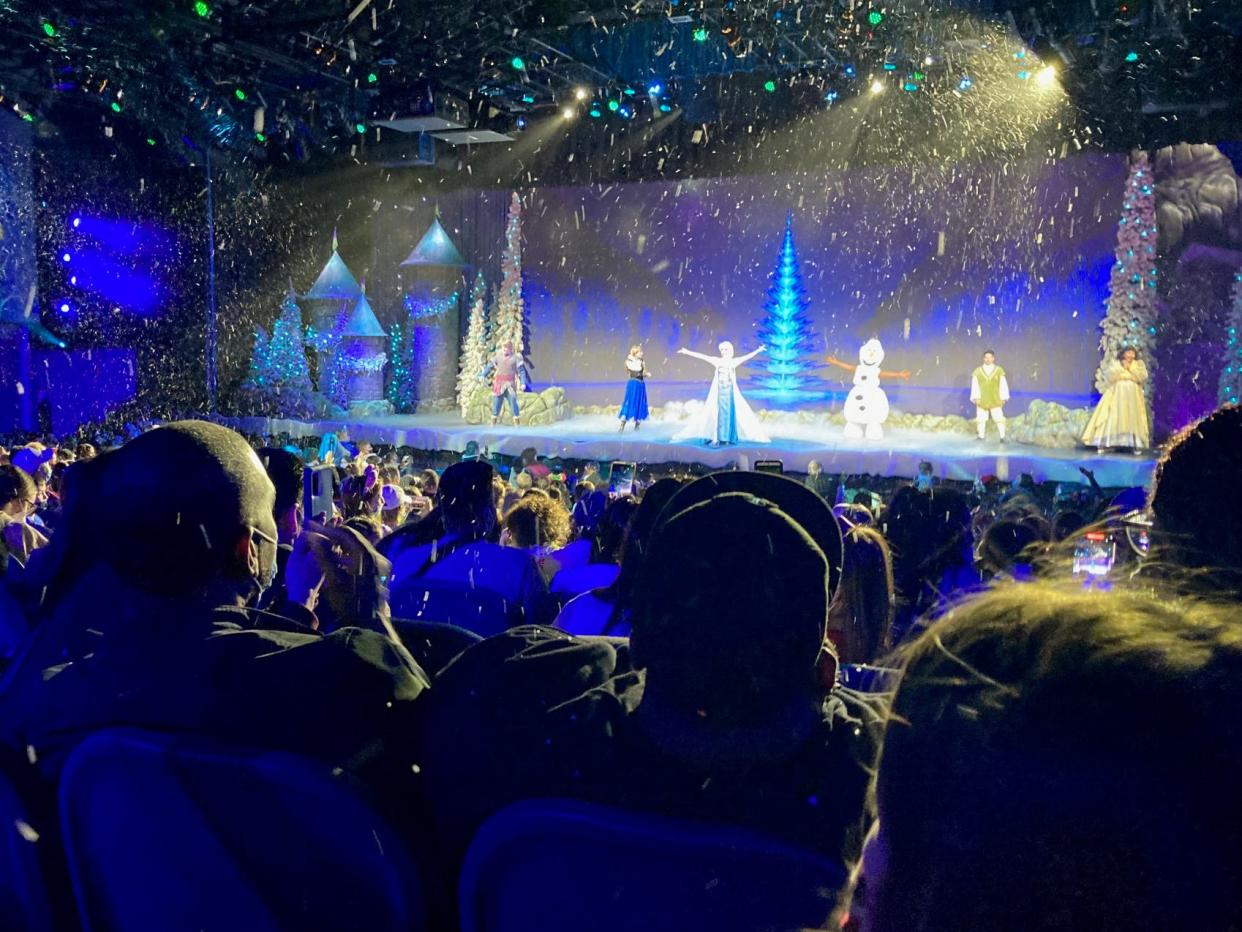 Faux snow falls on guests at For the First Time in Forever: A Frozen Sing-Along Celebration in Disney's Hollywood Studios.