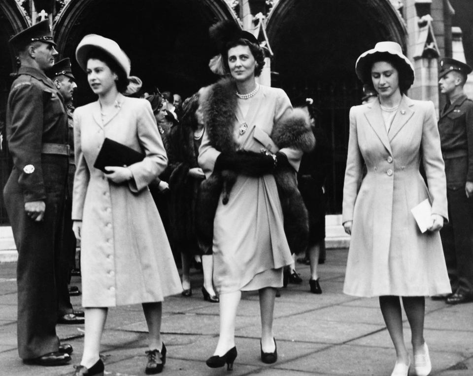 Princess Elizabeth, Princess Marina and Princess Margaret leave St Margaret's after Myra Butter's wedding - Fox Photos/Hulton Archive/Getty Images