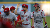 Cincinnati Reds pitcher Trevor Bauer (27) celebrates after the final out of the second baseball game of a doubleheader against the Detroit Tigers in Detroit, Sunday, Aug. 2, 2020. Cincinnati won 4-0. (AP Photo/Paul Sancya)