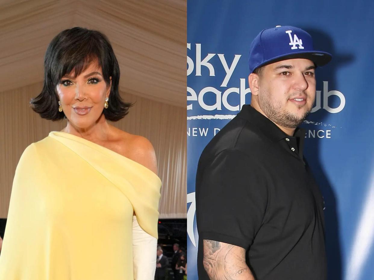 left; kris jenner with flipped out short hair and a yellow, one shoulder dress; right: rob kardashian wearing a black polo and a LA hat