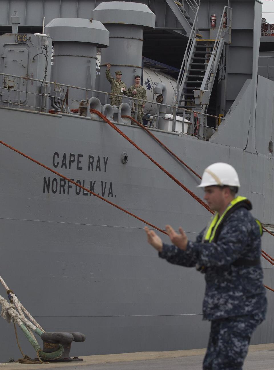 American ship MV Cape Ray is docked at Naval Station in Rota, Spain, on Thursday Feb. 13, 2014. The American ship arrived on Thursday at the naval base of Rota on Spain’s southwestern coast used by the U.S. to resupply ahead of an unprecedented mission to collect and destroy mustard gas, raw materials for sarin nerve gas and tons of other highly toxic chemicals that form part of Syria’s chemical weapons program. After leaving Spain, the Cape Ray’s next port of call is expected to be Gioia Tauro in southern Italy, where experts from the Organization for the Prohibition of Chemical Weapons say it will take on board 560 metric tons of chemicals that have been transported from the Syrian port of Latakia in two cargo ships from Denmark and Norway. (AP Photo/Miguel Angel Morenatti)