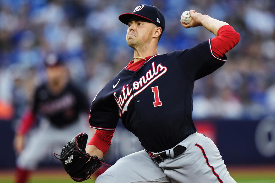 Washington Nationals starting pitcher MacKenzie Gore (1) works against the Toronto Blue Jays during the first inning of a baseball game Tuesday, Aug. 29, 2023, in Toronto. (Frank Gunn/The Canadian Press via AP)