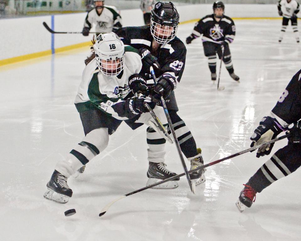 DENNIS     02/05/20 Emily Underhill of  Nauset Monomoy CCT and Murphy Towers of Dennis-Yarmouth struggle for position on the puck.