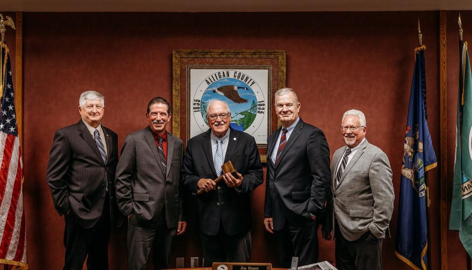 The Allegan County Board of Commissioners — from left: Gale Dugan, Scott Beltman, Jim Storey, Dean Kapenga and Mark DeYoung.