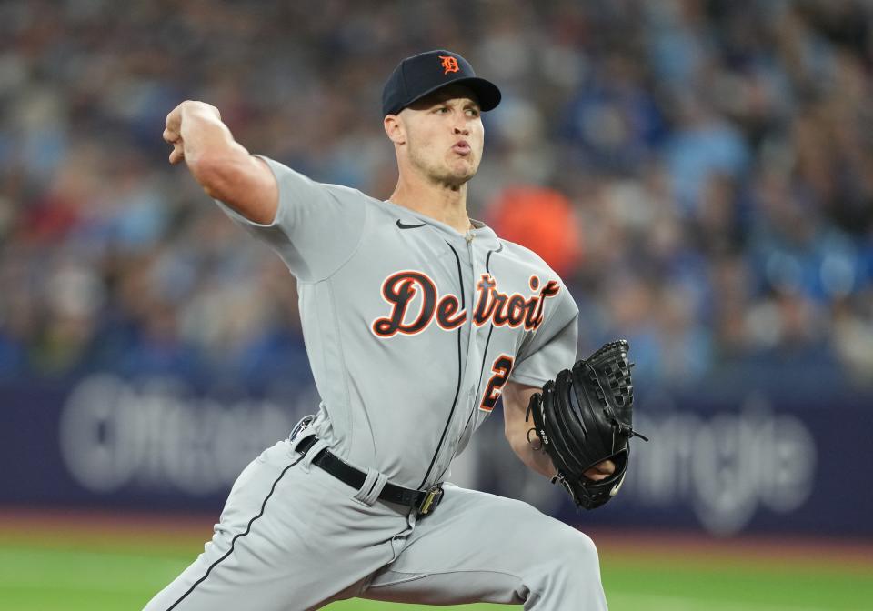 Detroit Tigers starting pitcher Matt Manning (25) throws a pitch against the Toronto Blue Jays during the first inning at the Rogers Centre in Toronto on Tuesday, April 11, 2023.