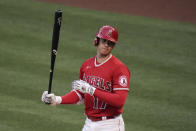 Los Angeles Angels' Shohei Ohtani reacts after striking out during the first inning of the team's baseball game against the Tampa Bay Rays, Thursday, May 6, 2021, in Anaheim, Calif. (AP Photo/Jae C. Hong)