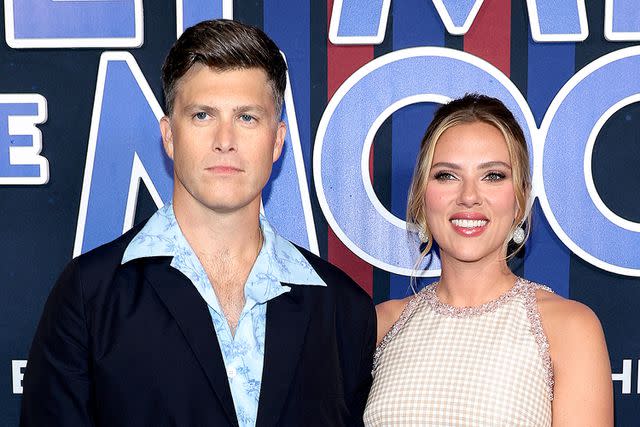 <p>Dimitrios Kambouris/Getty </p> Colin Jost and Scarlett Johansson