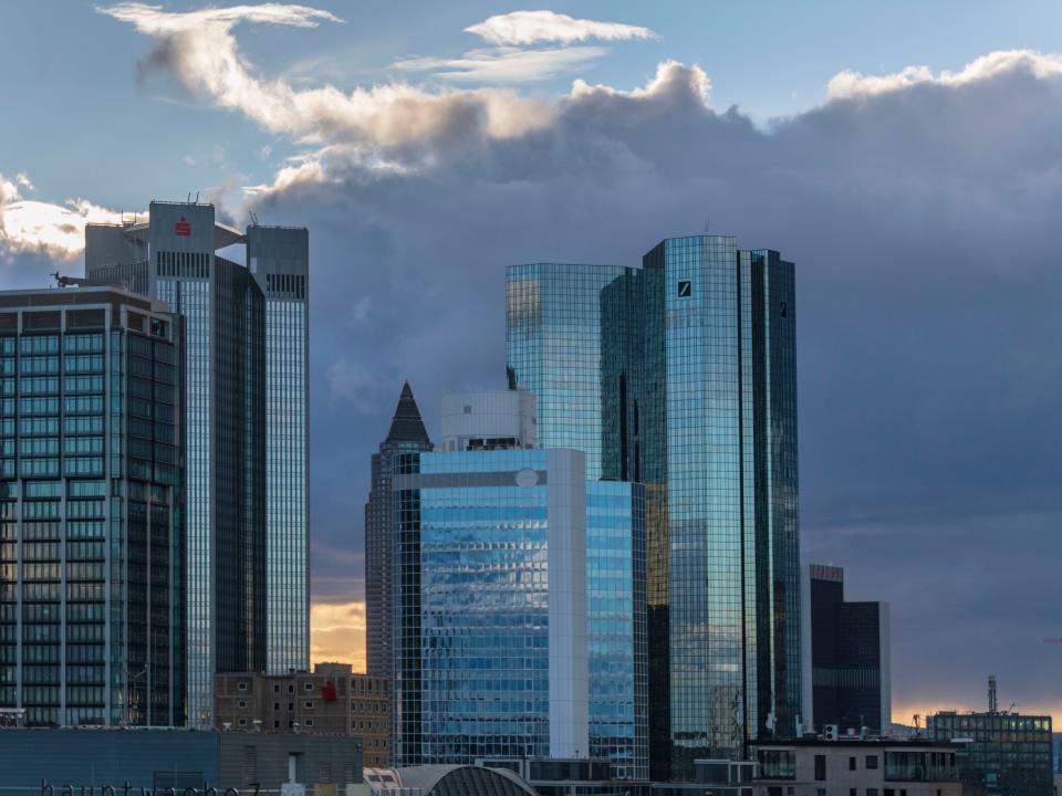 Office buildings, including the corporate headquarters of Deutsche Bank, stand in the financial district in the city center on March 7, 2019 in Frankfurt, Germany.