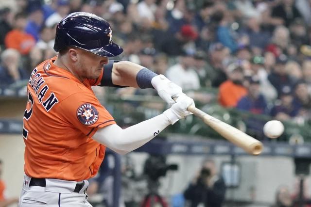 Houston Astros' Alex Bregman hits a double during the sixth inning of a baseball game against the Milwaukee Brewers Wednesday, May 24, 2023, in Milwaukee. (AP Photo/Morry Gash)