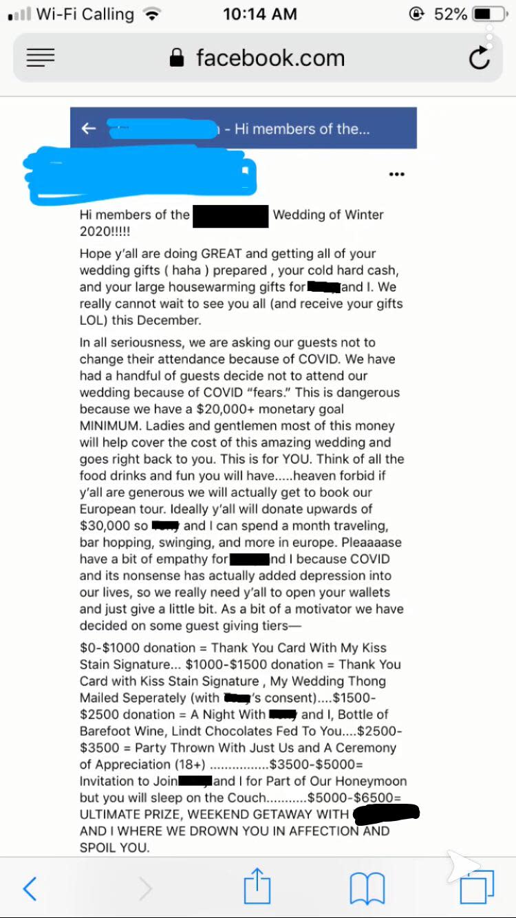 Bride offers guests X-rated rewards to reach $30k donation goal. Photo: Reddit.