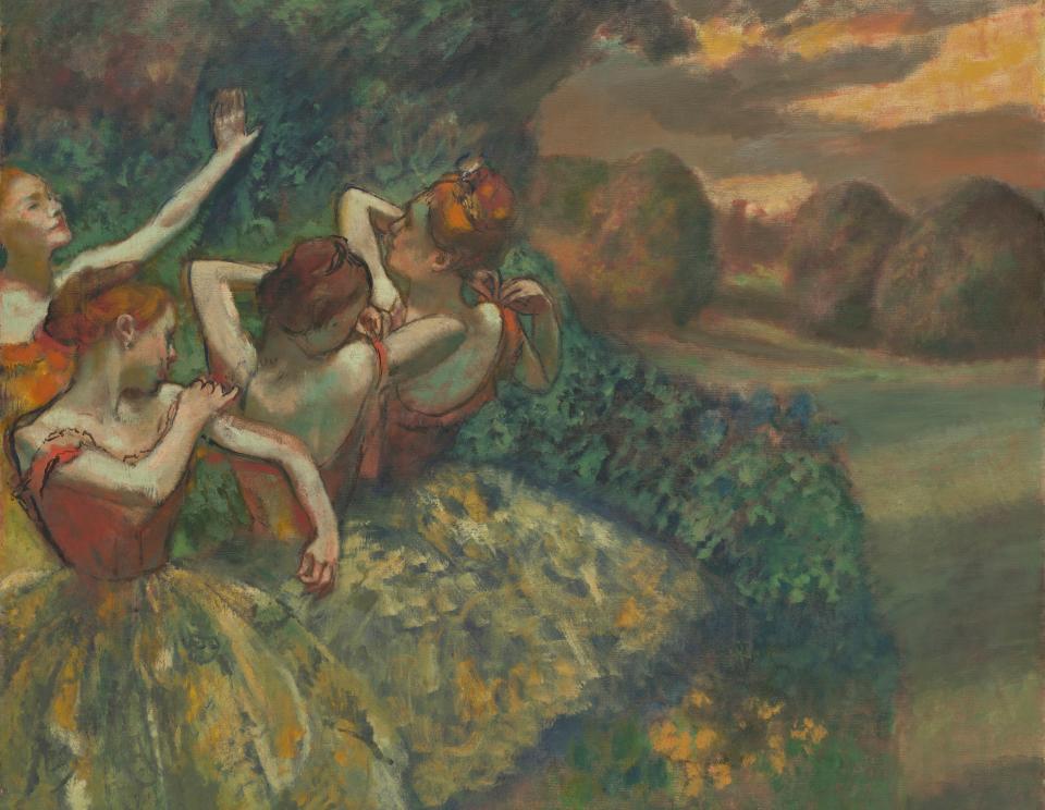 Edgar Degas, Four Dancers, c. 1899. Oil on canvas; overall: 151.1 x 180.2 cm (59 1/2 x 70 15/16 in.). National Gallery of Art, Washington, Chester Dale Collection