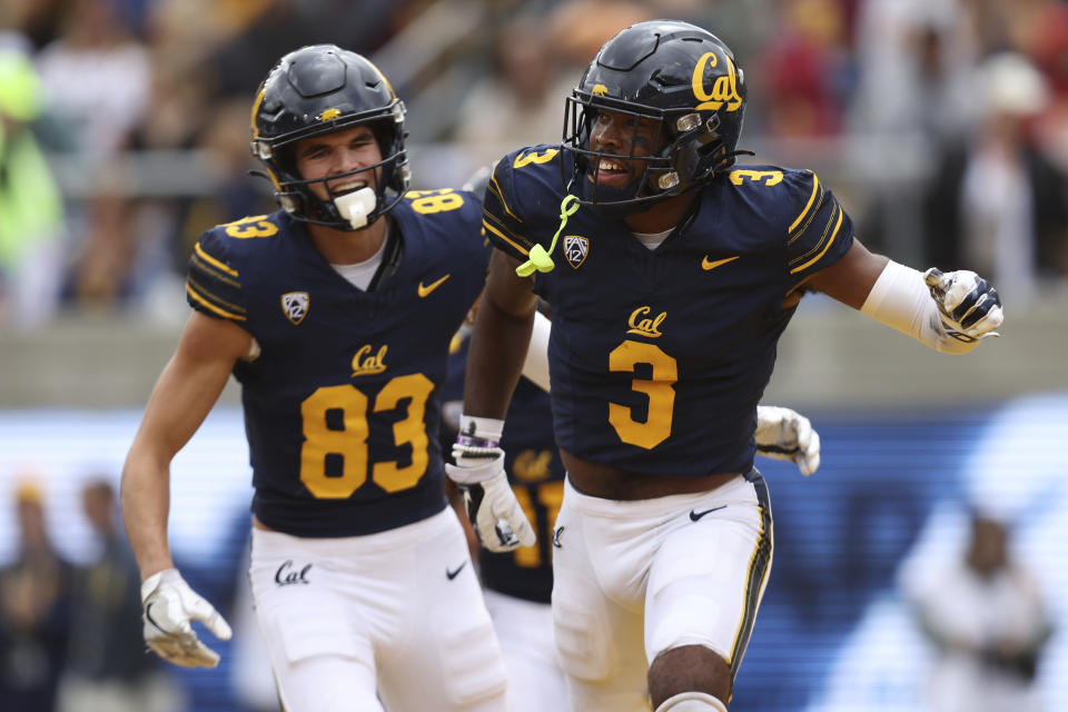 California wide receiver Jeremiah Hunter (3) celebrates with Trond Grizzell (83) after scoring a touchdown during the second half of an NCAA college football game against Arizona State in Berkeley, Calif., Saturday, Sept. 30, 2023. (AP Photo/Jed Jacobsohn)