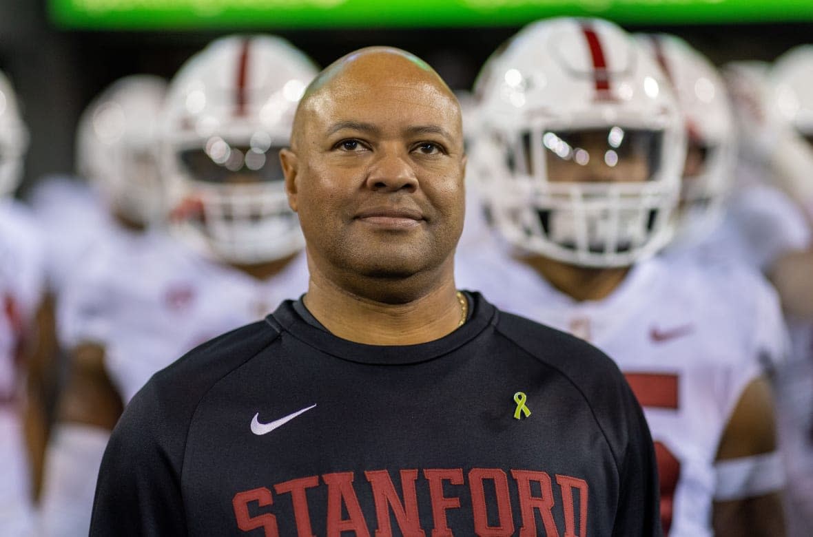 Head Coach David Shaw of the Stanford Cardinal walks on the field before their game against the Oregon Ducks at Autzen Stadium on October 1, 2022 in Eugene, Oregon. (Photo by Tom Hauck/Getty Images)