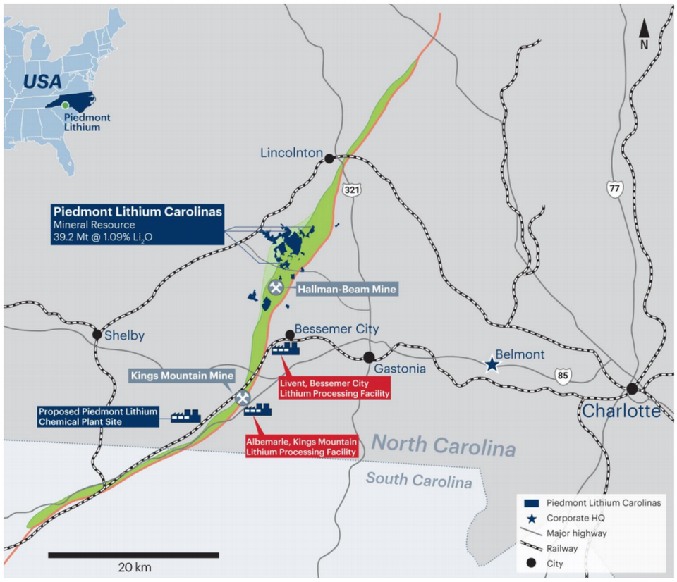 Piedmont Lithium’s proposed an open-pit lithium mine is east of Cherryville in Gaston County.