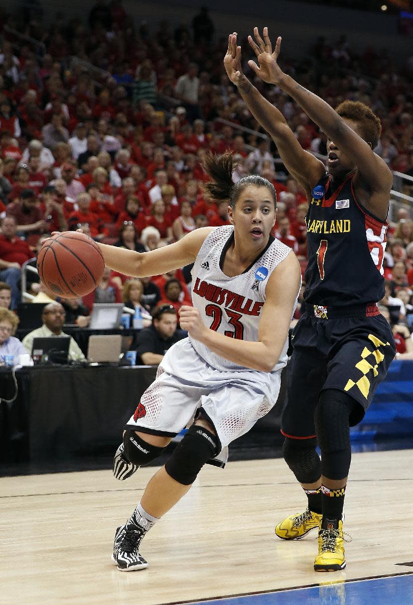 Louisville guard Shoni Schimmel (23) drives past Maryland guard Laurin Mincy (1) during the first half of the NCAA Louisville Regional final women's college basketball tournament game Tuesday, April 1, 2014, in Louisville, Ky. (AP Photo/John Bazemore)