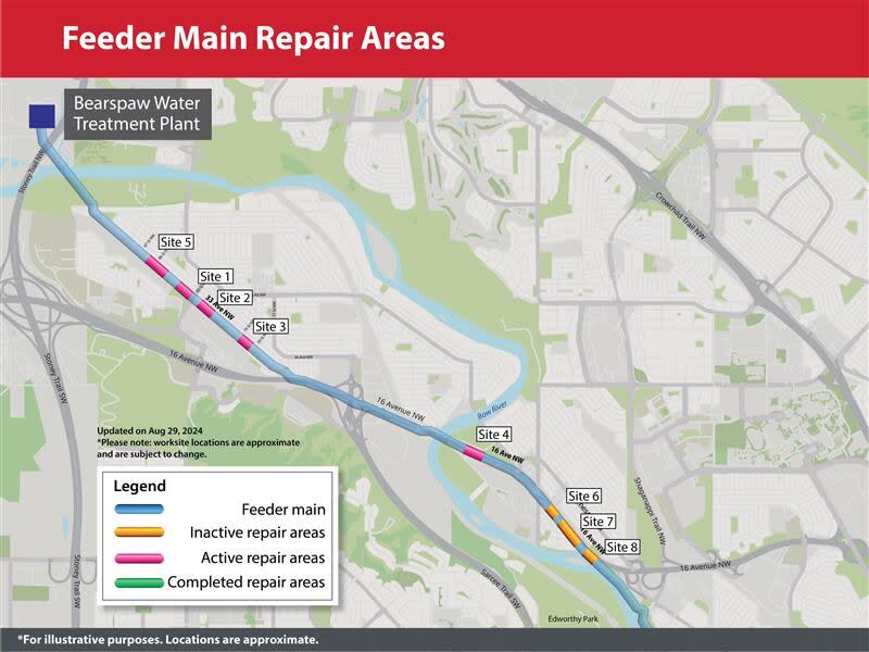 A portion of 16th Avenue N.W. in Montgomery, from 46th Street to 41st Street, was closed for water pipe repairs on Thursday, with traffic being diverted onto Bowness Road. Repair work along 33rd Avenue N.W. and in Shouldice Park remains on schedule, the city says.