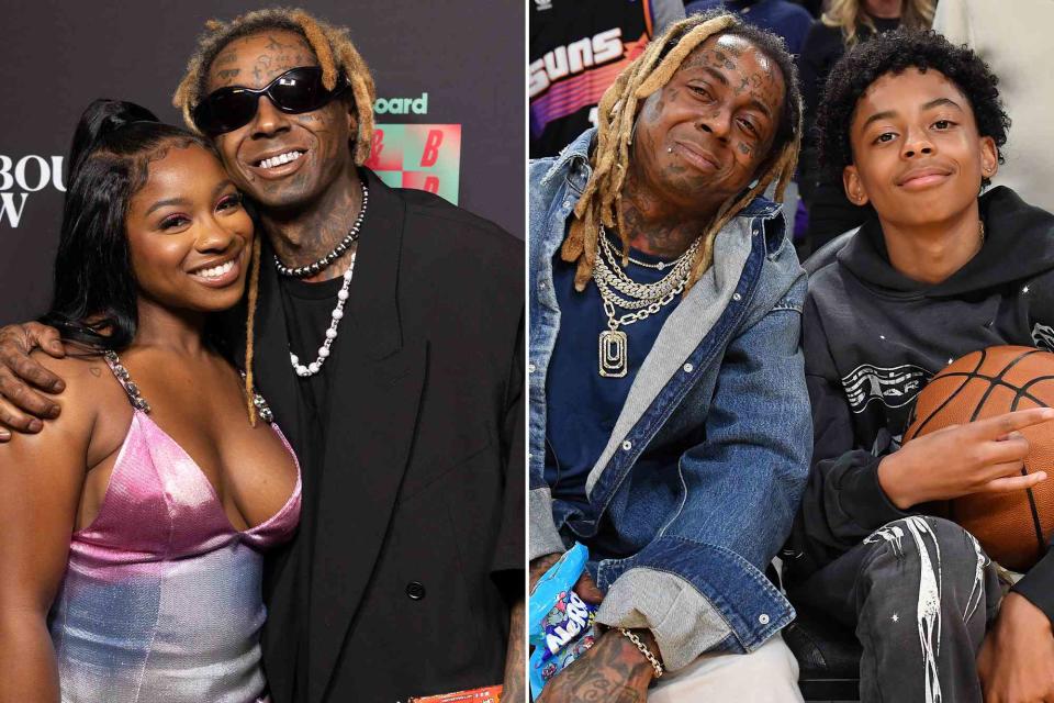 <p>Brandon Todd/Billboard/Getty ; Allen Berezovsky/Getty</p> Reginae Carter and Lil Wayne at Billboard R&B Hip-Hop Live on August 8, 2023 in Los Angeles, California. ; Lil Wayne and his son Kameron Carter attend a basketball game between the Los Angeles Lakers and the Phoenix Suns on October 26, 2023 in Los Angeles, California. 