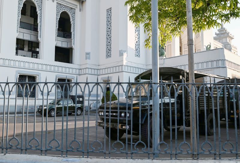 Myanmar military vehicles are seen inside City Hall in Yangon