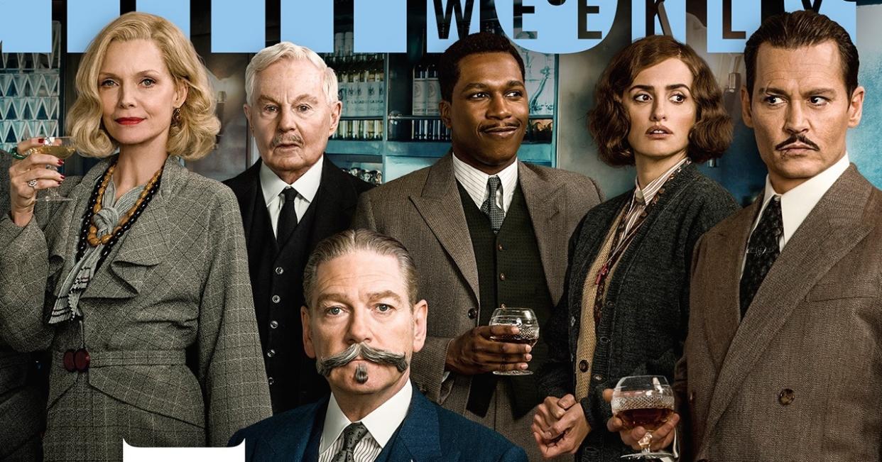 Just half the cast of 'Murder on the Orient Express.' L-R Michelle Pfeiffer, Derek Jacobi, Kenneth Branagh, Leslie Odom Jr, Penelope Cruz, Johnny Depp (credit: 20th Century Fox/Entertainment Weekly)