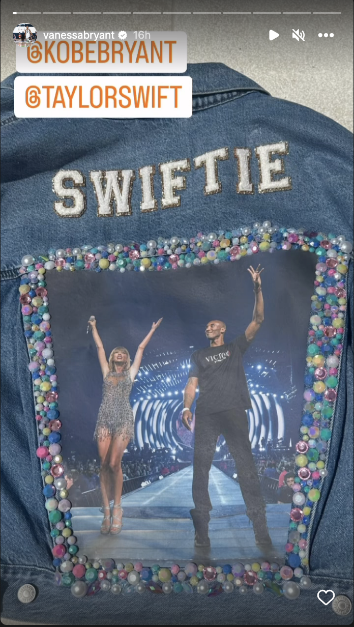 Jean jacket with a photo of Taylor Swift and Kobe Bryant that says "Swiftie" on top
