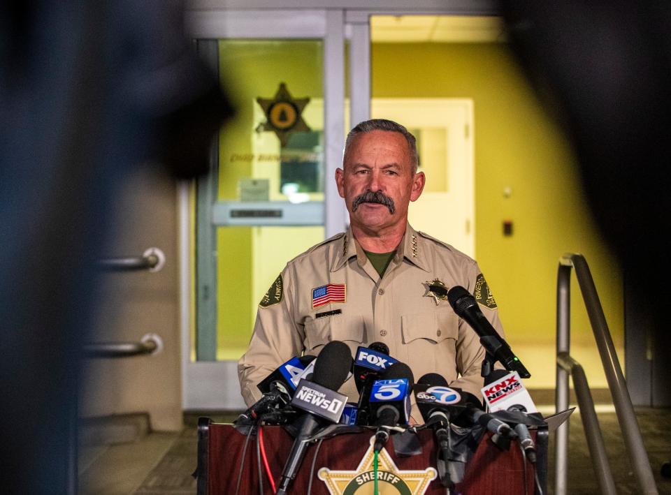 Riverside County Sheriff Chad Bianco speaks about the death of deputy Isaiah Cordero during a media conference outside of the sheriff's department building in Riverside, Calif., Thursday, Dec. 29, 2022. Deputy Cordero was fatally shot during a traffic stop Thursday afternoon in Jurupa Valley. 