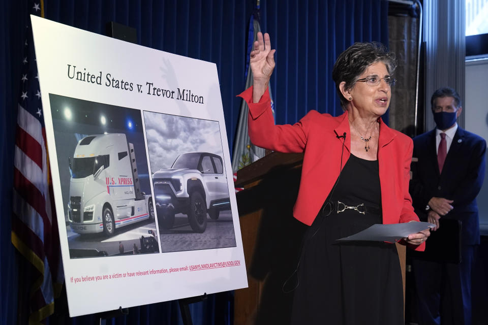 Audrey Strauss, the United States Attorney for the Southern District of New York, speaks during a news conference, in New York, Thursday, July 29, 2021. She announced that Trevor Milton, founder and one-time executive chair of Nikola Corp., surrendered Thursday in New York to face charges alleging he lied about the electric and hydrogen-powered truck startup, duping some financially struggling novice investors looking for income during the pandemic. (AP Photo/Richard Drew)