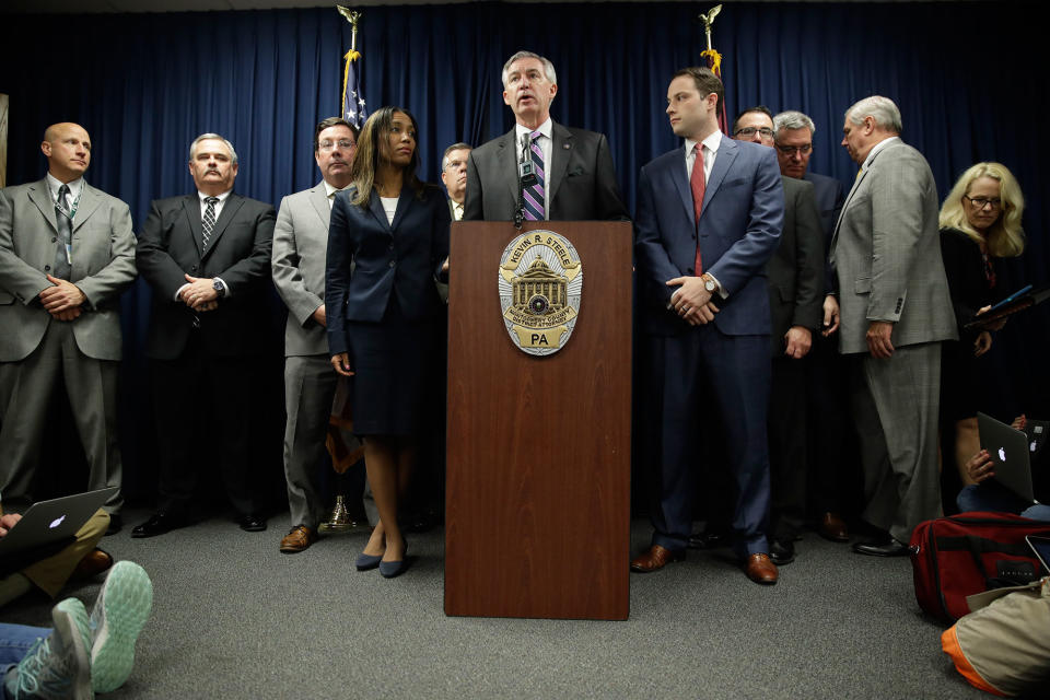 <p>District Attorney Kevin Steele holds a news conference after a mistrial in Bill Cosby’s sexual assault case in Norristown, Pa., Saturday, June 17, 2017. Cosby’s trial ended without a verdict after jurors failed to reach a unanimous decision. (AP Photo/Matt Rourke) </p>