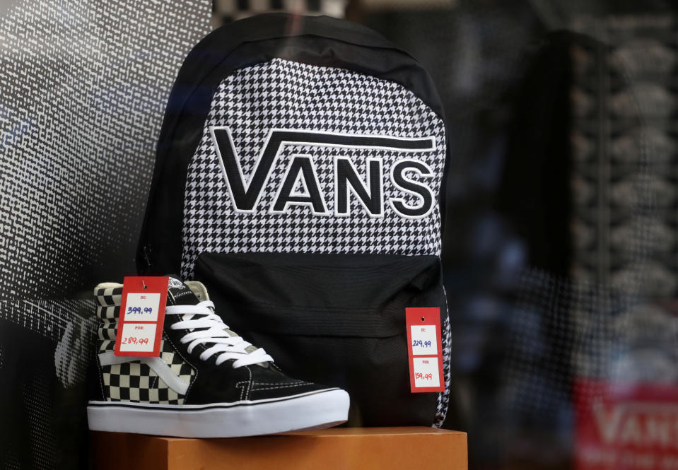 Shoes and backpack of Vans are seen in a shop window in Sao Paulo, Brazil August 29, 2019. REUTERS/Rahel Patrasso