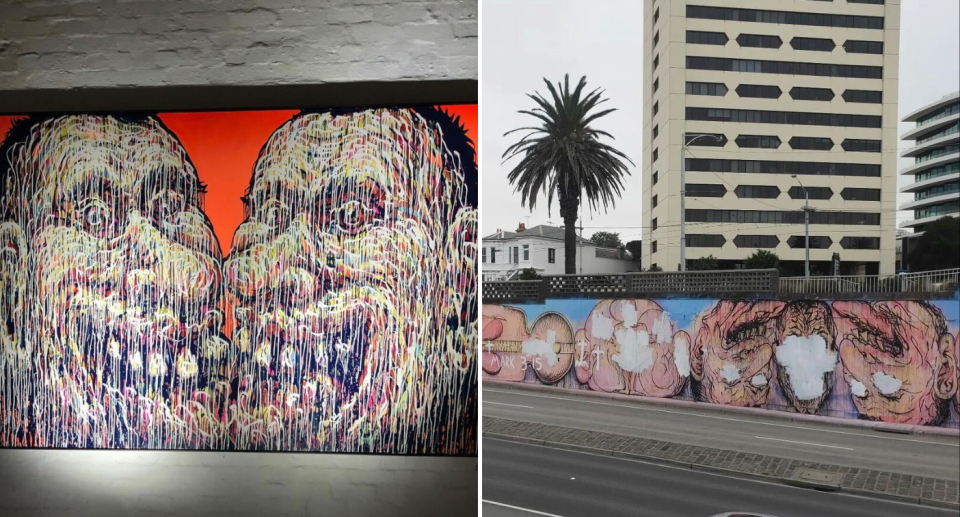 (Left) a painting of Porter's from 2019 and (right) the 'Vault' mural by Porter in St Kilda which has since been damaged by protesters and painted over in some places. 