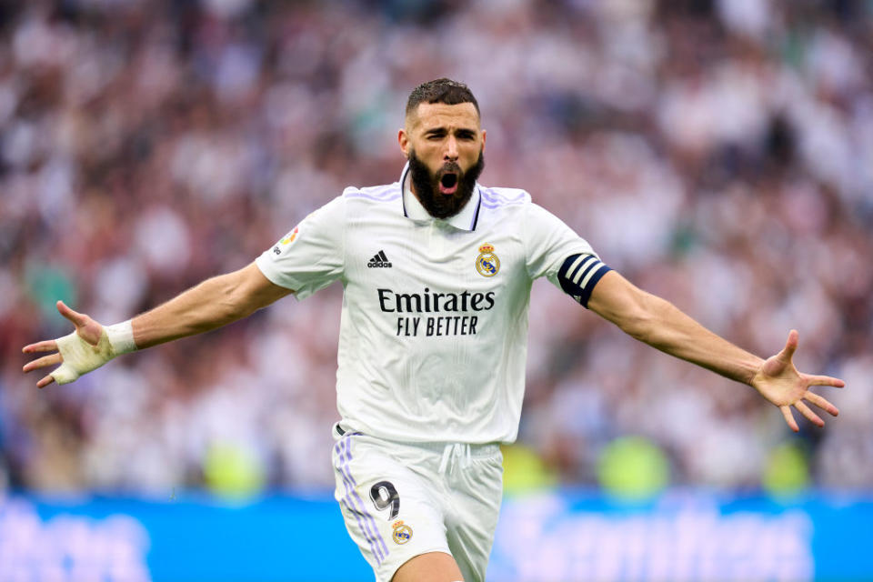 Karim Benzema of Real Madrid CF celebrates a goal prior to the referee canceling the goal during the LaLiga Santander match between Real Madrid CF and FC Barcelona at Estadio Santiago Bernabeu on October 16, 2022 in Madrid, Spain.