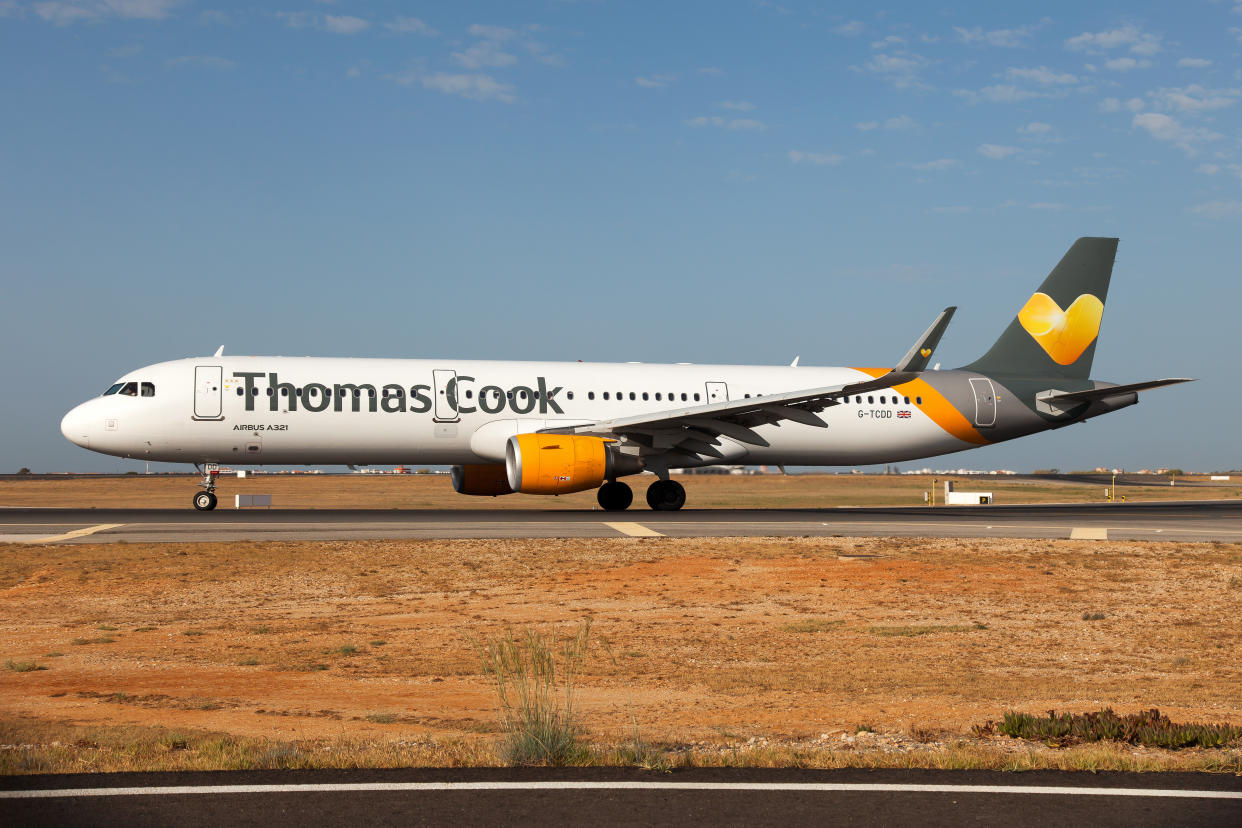 FARO, ALGARVE, PORTUGAL - 2019/08/31: A Thomas Cook Airlines Airbus 321 on the move at Faro airport. (Photo by Fabrizio Gandolfo/SOPA Images/LightRocket via Getty Images)