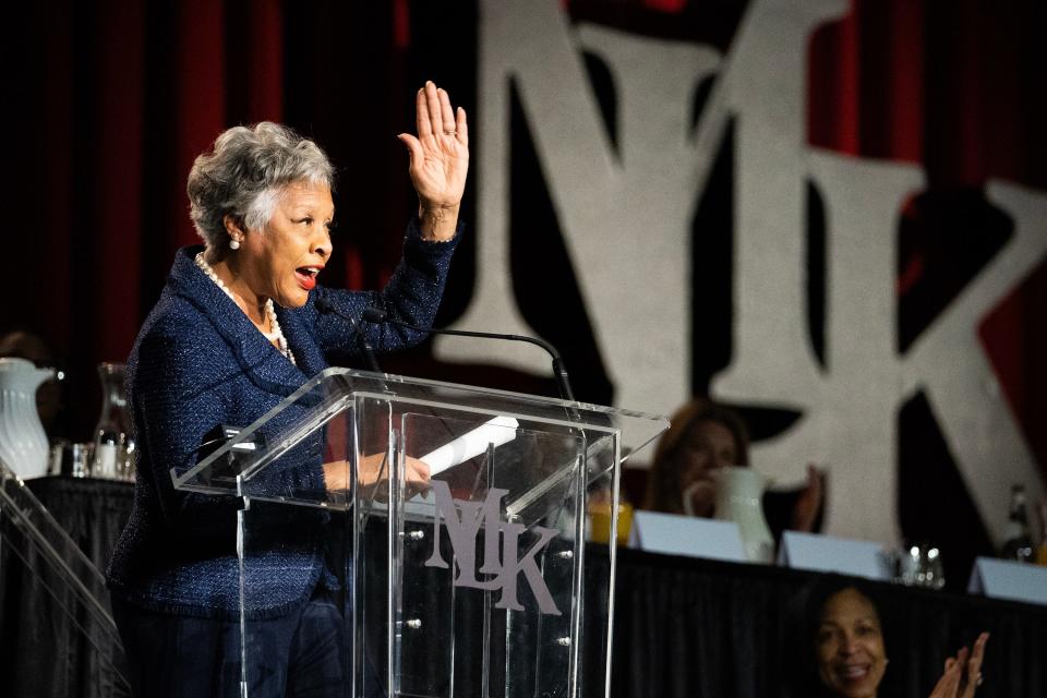 U.S. Rep. Joyce Beatty, D-Columbus, speaks to more than 1,500 people in attendance at the Martin Luther King Jr. Breakfast at the Columbus Convention Center on Monday.