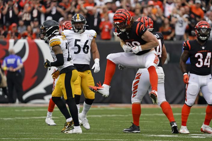 Cincinnati Bengals tight end Hayden Hurst (88) celebrates after a catch during the first half of an NFL football game against the Pittsburgh Steelers, Sunday, Sept. 11, 2022, in Cincinnati. (AP Photo/Joshua A. Bickel)